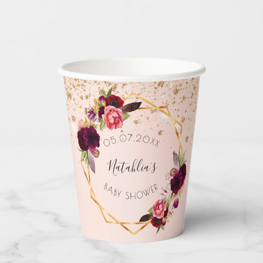 ベビーシャワーバラ金ゴールドバーガンディ花模様グリッター 紙コップ (裏面)
