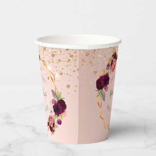 ベビーシャワーバラ金ゴールドバーガンディ花模様グリッター 紙コップ (右)