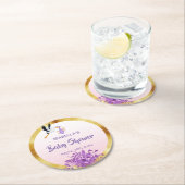 ベビーシャワーバラ金ゴールドパープル花模様コウノトリ ラウンドペーパーコースター (インサイチュ)