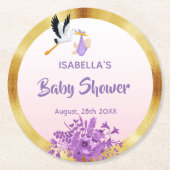 ベビーシャワーバラ金ゴールドパープル花模様コウノトリ ラウンドペーパーコースター (正面)