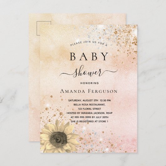 ベビーシャワーバラ金ゴールド素朴ひまわりグリッター インビテーションポストカード (正面/裏面)