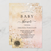 ベビーシャワーバラ金ゴールド素朴ひまわりグリッター 招待状 (正面/裏面)