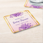 ベビーシャワーバラ金ゴールド紫花模様名 スクエアペーパーコースター (アングル)