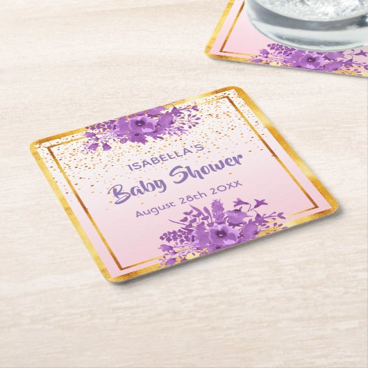 ベビーシャワーバラ金ゴールド紫花模様名 スクエアペーパーコースター