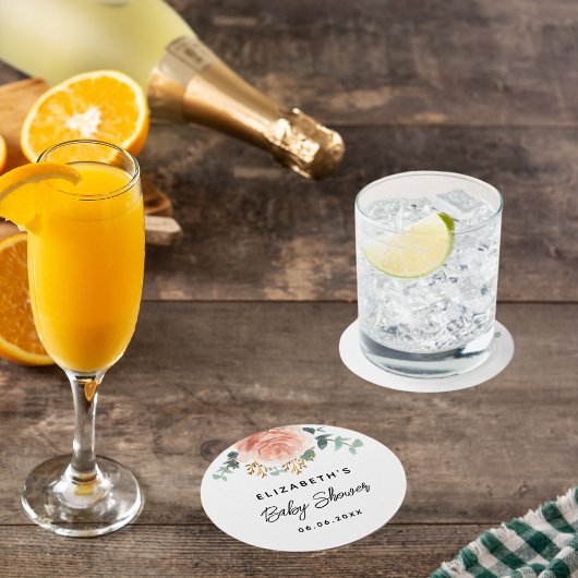 ベビーシャワーバラ金ゴールド花緑 ラウンドペーパーコースター