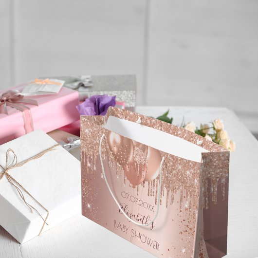 ベビーシャワーバラ金ゴールド赤面グリッターが風船を乾燥 ラージペーパーバッグ