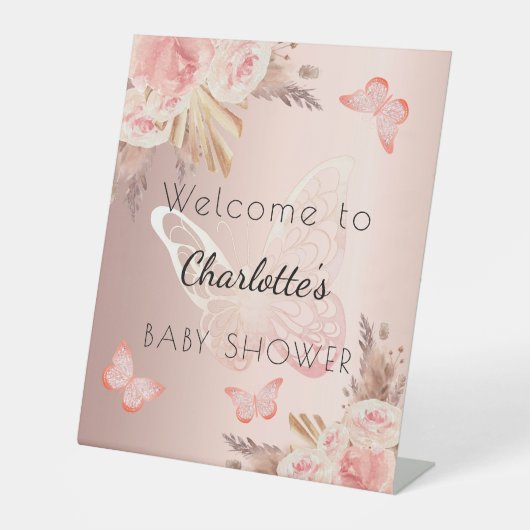 ベビーシャワーバラ金ゴールド赤面バタフライウェルカム 台座サイン (正面)