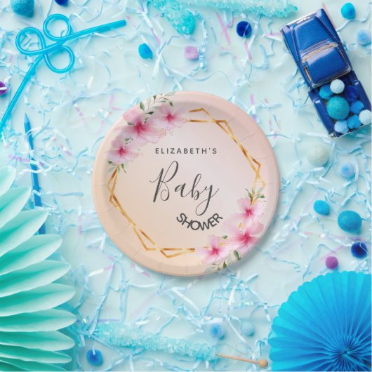 ベビーシャワーバラ金ゴールド赤面ピンク花模様幾何学的 ペーパープレート (パーティー)