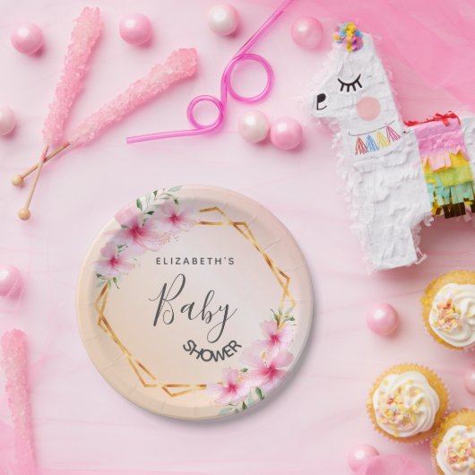 ベビーシャワーバラ金ゴールド赤面ピンク花模様幾何学的 ペーパープレート (パーティー)