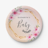 ベビーシャワーバラ金ゴールド赤面ピンク花模様幾何学的 ペーパープレート (正面)