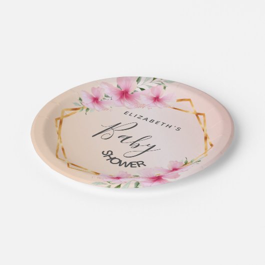 ベビーシャワーバラ金ゴールド赤面ピンク花模様幾何学的 ペーパープレート (アングル)