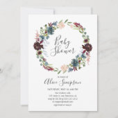 ベビーシャワーバーガンディと青の手書きフォント 招待状 (正面)