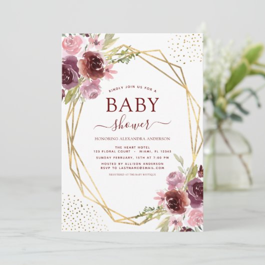 ベビーシャワーバーガンディエレガント幾何学フローラ 招待状 (スタンド正面)