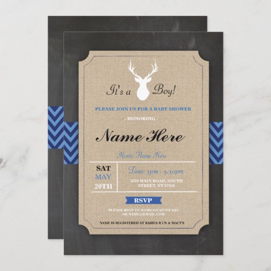 ベビーシャワーバーラップボーイアン素朴トラースタン招待状 招待状 (正面/裏面)