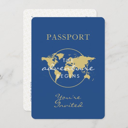 ベビーシャワーパスポート旅行テーマブルー金ゴールド 招待状 (正面/裏面)
