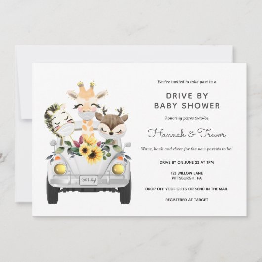 ベビーシャワーパレードで動く動物 招待状 (正面)