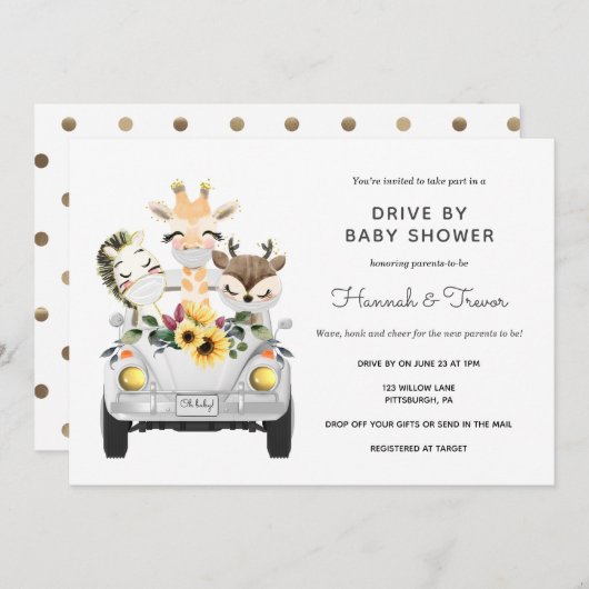 ベビーシャワーパレードで動く動物 招待状 (正面/裏面)