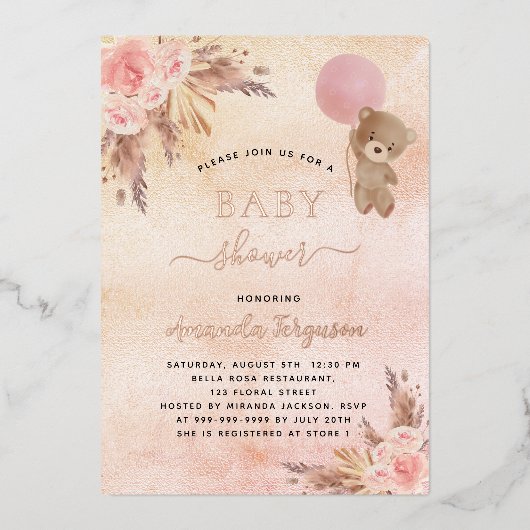 ベビーシャワーパンパスグラステディベアーピンクフローラ 箔招待状 (正面)