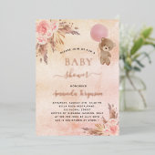 ベビーシャワーパンパスグラステディベアーピンクフローラ 箔招待状 (立ち正面)