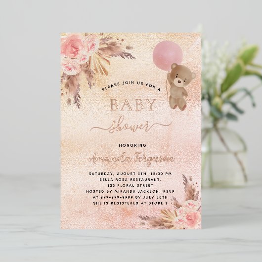 ベビーシャワーパンパスグラステディベアーピンクフローラ 箔招待状 (立ち正面)