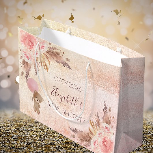 ベビーシャワーパンパスグラスバラピンクフローラテディ ラージペーパーバッグ