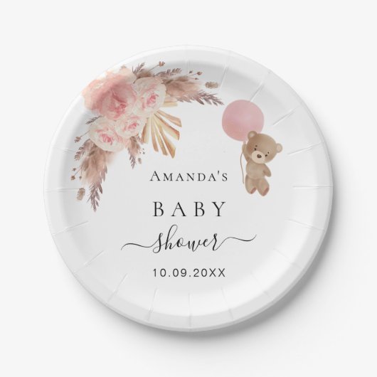 ベビーシャワーパンパスグラスバラ金ゴールドテディ ペーパープレート (正面)