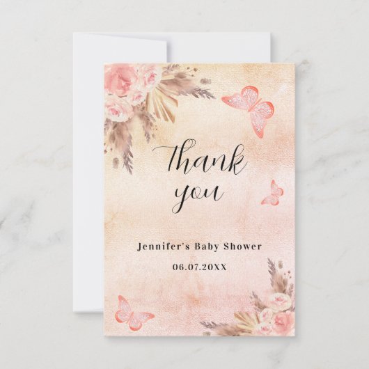 ベビーシャワーパンパスグラスバラ金ゴールド花模様boho サンキューカード (正面)