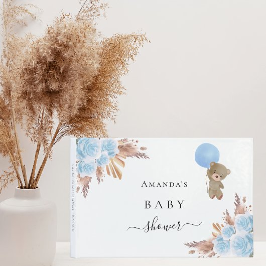 ベビーシャワーパンパスグラスブルーテディベアーボーイ ゲストブック