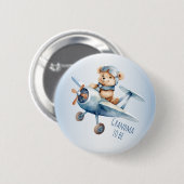 ベビーシャワーパーティーベビーベアパイロットブルー飛行機 缶バッジ (正面&裏面)