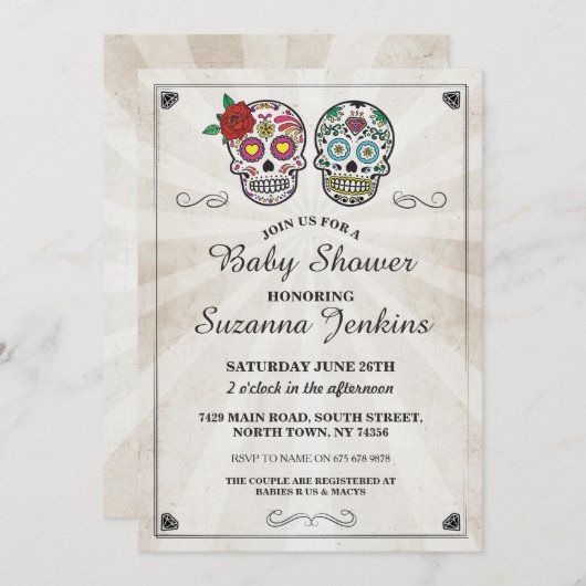 ベビーシャワーパーティー砂糖スカルパーティー招待状 招待状 (正面/裏面)