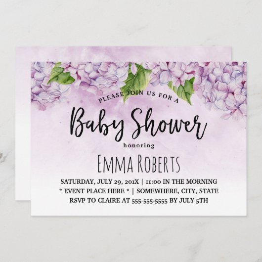 ベビーシャワーパープルエレガントアジサイフローラ 招待状 (正面/裏面)