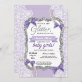 ベビーシャワーパープルグリッターボウツインズガールズ招待状 招待状 (正面/裏面)