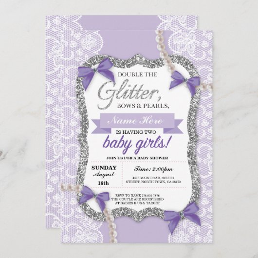 ベビーシャワーパープルグリッターボウツインズガールズ招待状 招待状 (正面/裏面)