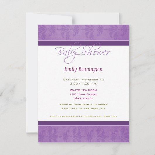 ベビーシャワーパープルダマスク招待状 招待状 (正面)