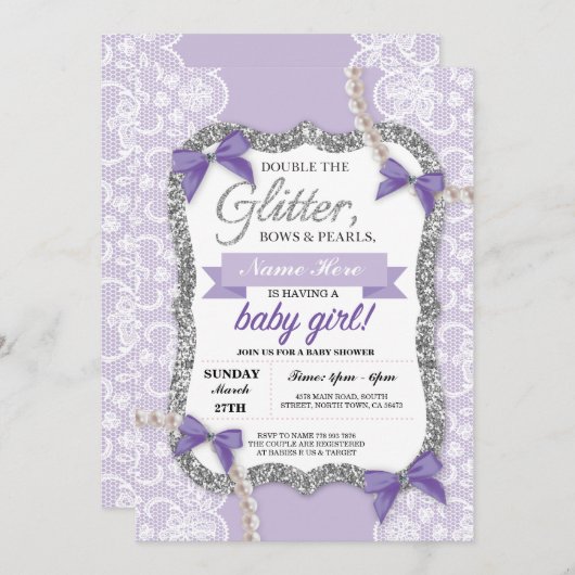 ベビーシャワーパープルレースグリッターボウガール招待状 招待状 (正面/裏面)