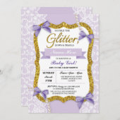 ベビーシャワーパープル金ゴールドレースグリッターボウガール 招待状 (正面/裏面)