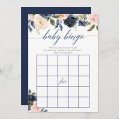 ベビーシャワービンゴゲーム赤面ピンクのネイビーブルーフローラ 招待状 (正面/裏面)