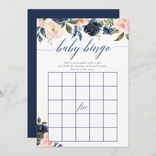 ベビーシャワービンゴゲーム赤面ピンクのネイビーブルーフローラ 招待状 (正面/裏面)