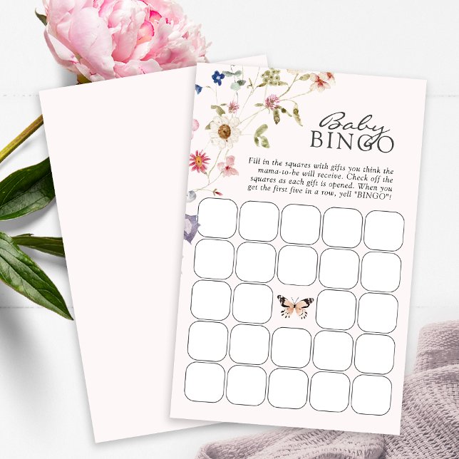 ベビーシャワービンゴゲーム (Pink Wildflower Tea Party Baby Shower Bingo Game Card Butterfly by Painted Paperie
)