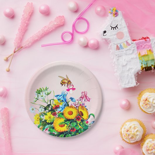 ベビーシャワービーズピンクフローラおしゃれ ペーパープレート (パーティー)