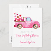 ベビーシャワーピンクのトラックハート インビテーションポストカード (正面/裏面)