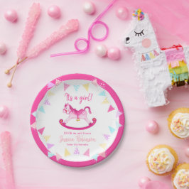 ベビーシャワーピンクのロッキングホビーホース名前をカスタムする ペーパープレート