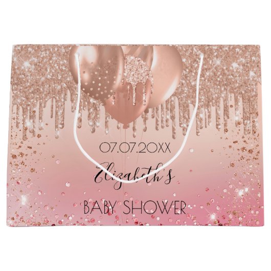 ベビーシャワーピンクのローズ金ゴールドグリッターが風船を乾燥 ラージペーパーバッグ (正面)