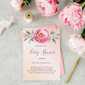 ベビーシャワーピンクのローズ金ゴールド花模様グリッター 招待状