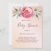 ベビーシャワーピンクのローズ金ゴールド花模様グリッター 招待状 (正面)