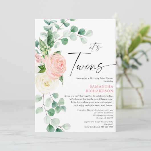 ベビーシャワーピンクの緑でツインガールズドライブ 招待状 (スタンド正面)