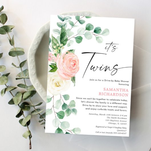 ベビーシャワーピンクの緑でツインガールズドライブ 招待状