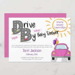 ベビーシャワーピンクの車と風船でドライブ 招待状