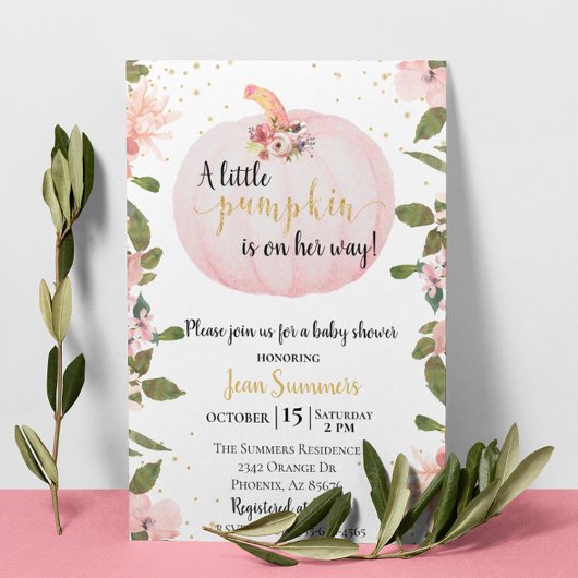 ベビーシャワーピンクグリッターガールカボチャ秋秋 招待状