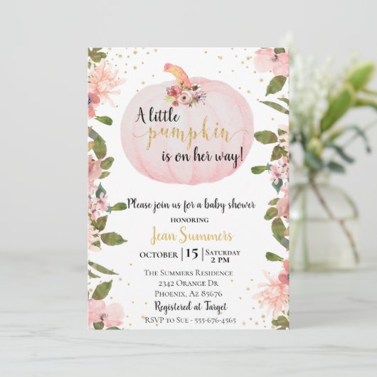ベビーシャワーピンクグリッターガールカボチャ秋秋 招待状 (スタンド正面)